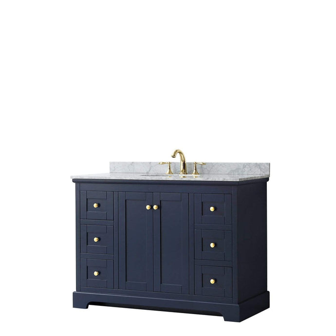 Wyndham Collection Vanity Wyndham Collection WCV232348SBLCMUNOMXX Avery 48 Inch Single Bathroom Vanity in Dark Blue, White Carrara Marble Countertop, Undermount Oval Sink, and No Mirror