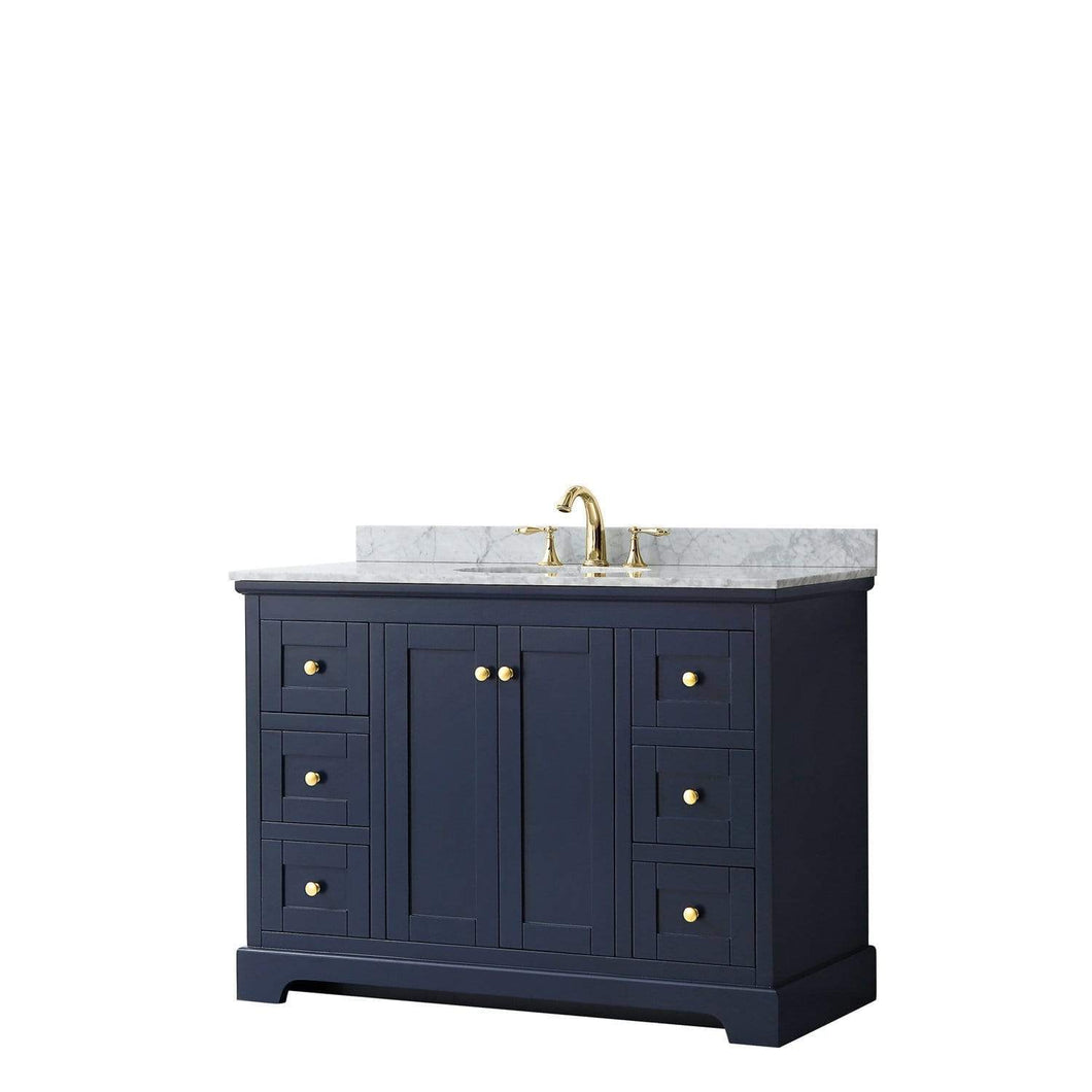 Wyndham Collection Vanity Wyndham Collection WCV232348SBLCMUNOMXX Avery 48 Inch Single Bathroom Vanity in Dark Blue, White Carrara Marble Countertop, Undermount Oval Sink, and No Mirror
