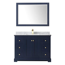 Load image into Gallery viewer, Wyndham Collection Vanity Wyndham Collection WCV232348SBLCMUNSM46 Avery 48 Inch Single Bathroom Vanity in Dark Blue, White Carrara Marble Countertop, Undermount Square Sink, and 46 Inch Mirror