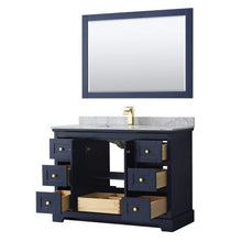 Load image into Gallery viewer, Wyndham Collection Vanity Wyndham Collection WCV232348SBLCMUNSM46 Avery 48 Inch Single Bathroom Vanity in Dark Blue, White Carrara Marble Countertop, Undermount Square Sink, and 46 Inch Mirror