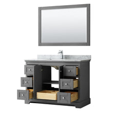 Load image into Gallery viewer, Wyndham Collection Vanity Wyndham Collection WCV232348SKGCMUNSM46 Avery 48 Inch Single Bathroom Vanity in Dark Gray, White Carrara Marble Countertop, Undermount Square Sink, and 46 Inch Mirror