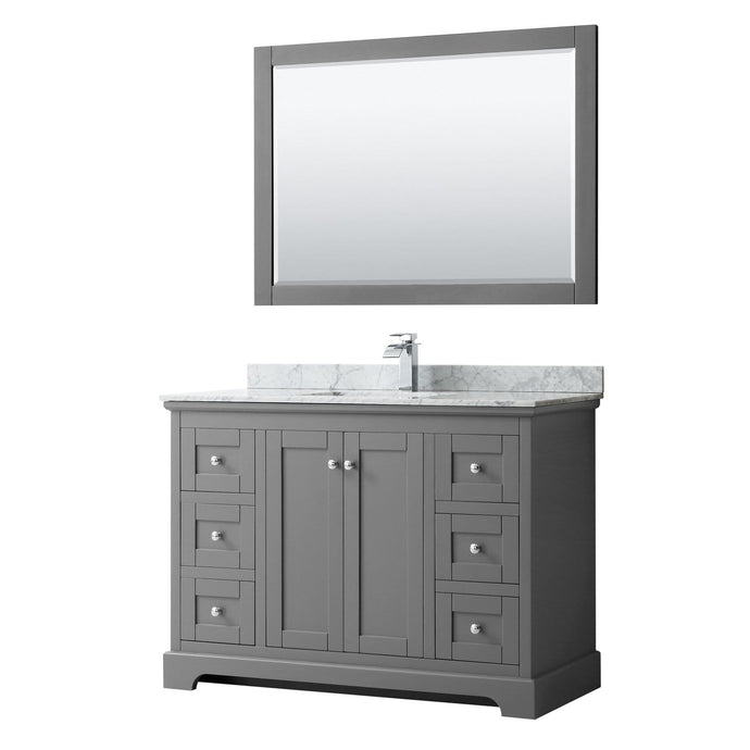 Wyndham Collection Vanity Wyndham Collection WCV232348SKGCMUNSM46 Avery 48 Inch Single Bathroom Vanity in Dark Gray, White Carrara Marble Countertop, Undermount Square Sink, and 46 Inch Mirror