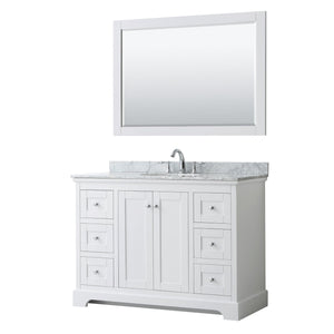 Wyndham Collection Vanity Wyndham Collection WCV232348SWHCMUNOM46 Avery 48 Inch Single Bathroom Vanity in White, White Carrara Marble Countertop, Undermount Oval Sink, and 46 Inch Mirror