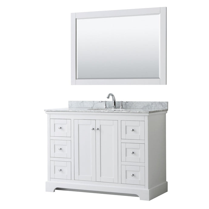Wyndham Collection Vanity Wyndham Collection WCV232348SWHCMUNOM46 Avery 48 Inch Single Bathroom Vanity in White, White Carrara Marble Countertop, Undermount Oval Sink, and 46 Inch Mirror