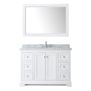 Wyndham Collection Vanity Wyndham Collection WCV232348SWHCMUNOM46 Avery 48 Inch Single Bathroom Vanity in White, White Carrara Marble Countertop, Undermount Oval Sink, and 46 Inch Mirror