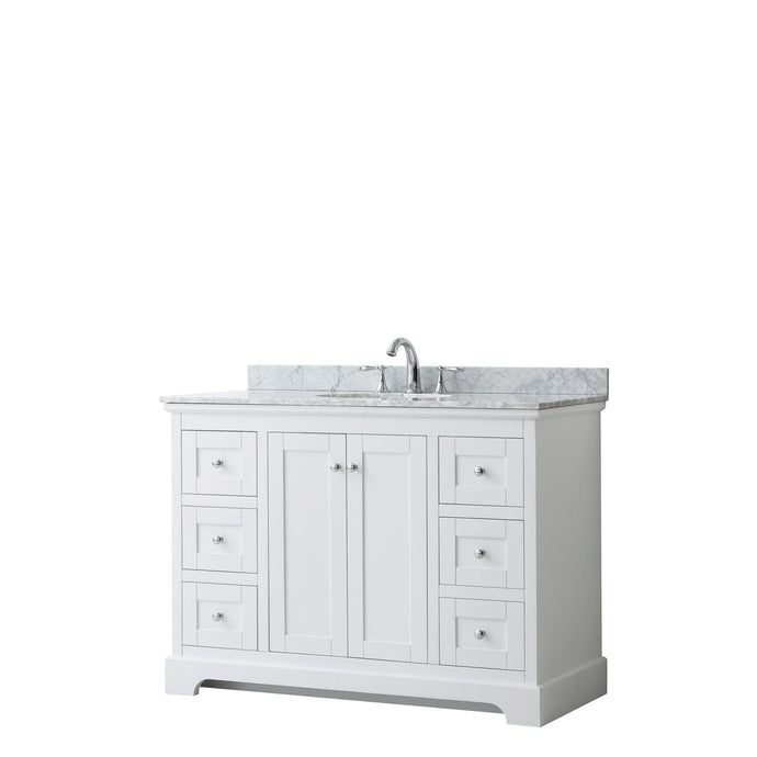 Wyndham Collection Vanity Wyndham Collection WCV232348SWHCMUNOMXX Avery 48 Inch Single Bathroom Vanity in White, White Carrara Marble Countertop, Undermount Oval Sink, and No Mirror