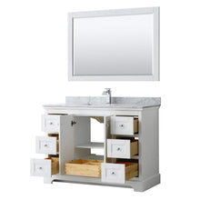 Load image into Gallery viewer, Wyndham Collection Vanity Wyndham Collection WCV232348SWHCMUNSM46 Avery 48 Inch Single Bathroom Vanity in White, White Carrara Marble Countertop, Undermount Square Sink, and 46 Inch Mirror