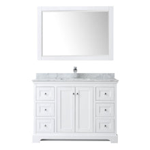 Load image into Gallery viewer, Wyndham Collection Vanity Wyndham Collection WCV232348SWHCMUNSM46 Avery 48 Inch Single Bathroom Vanity in White, White Carrara Marble Countertop, Undermount Square Sink, and 46 Inch Mirror