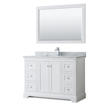 Load image into Gallery viewer, Wyndham Collection Vanity Wyndham Collection WCV232348SWHCMUNSM46 Avery 48 Inch Single Bathroom Vanity in White, White Carrara Marble Countertop, Undermount Square Sink, and 46 Inch Mirror