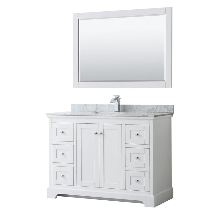 Wyndham Collection Vanity Wyndham Collection WCV232348SWHCMUNSM46 Avery 48 Inch Single Bathroom Vanity in White, White Carrara Marble Countertop, Undermount Square Sink, and 46 Inch Mirror