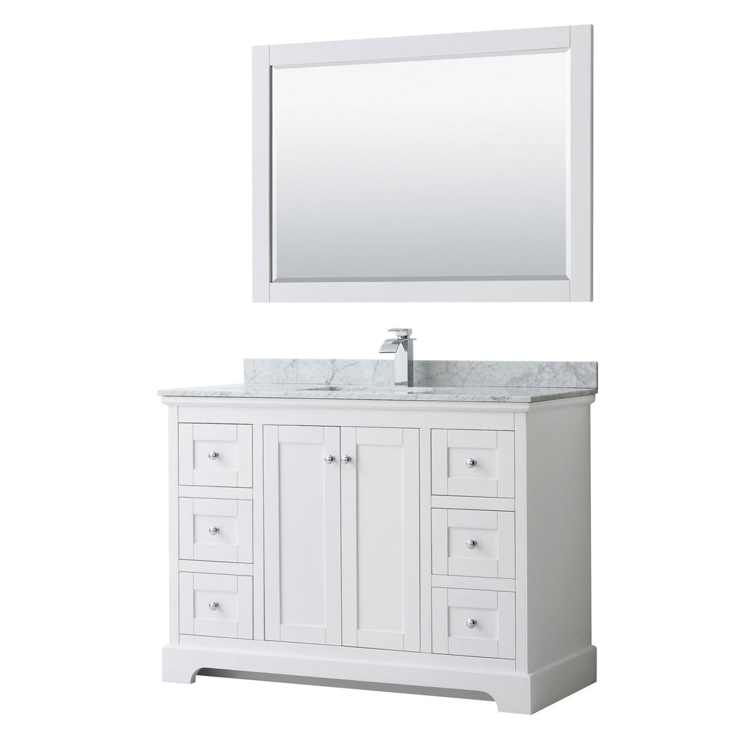 Wyndham Collection Vanity Wyndham Collection WCV232348SWHCMUNSM46 Avery 48 Inch Single Bathroom Vanity in White, White Carrara Marble Countertop, Undermount Square Sink, and 46 Inch Mirror