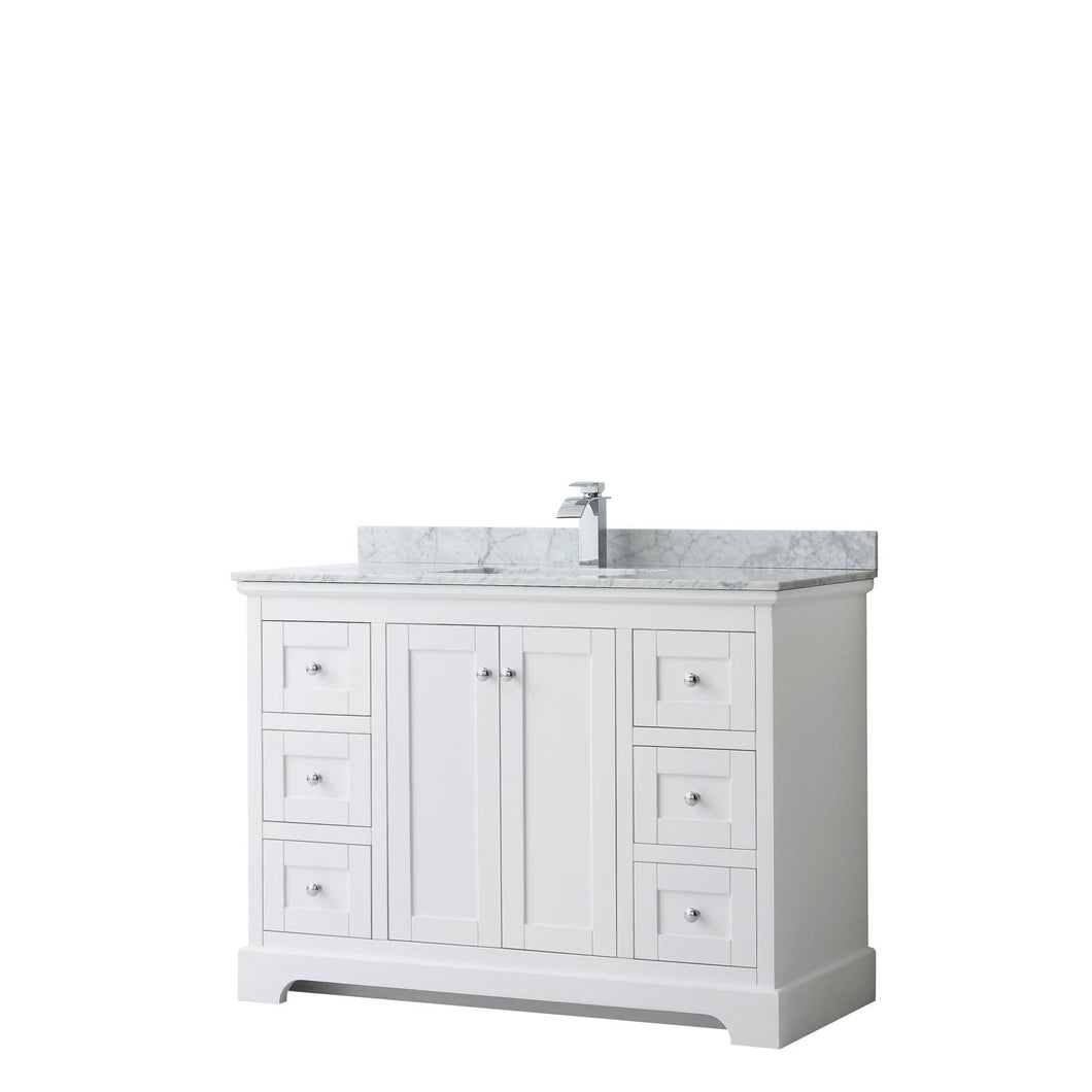Wyndham Collection Vanity Wyndham Collection WCV232348SWHCMUNSMXX Avery 48 Inch Single Bathroom Vanity in White, White Carrara Marble Countertop, Undermount Square Sink, and No Mirror