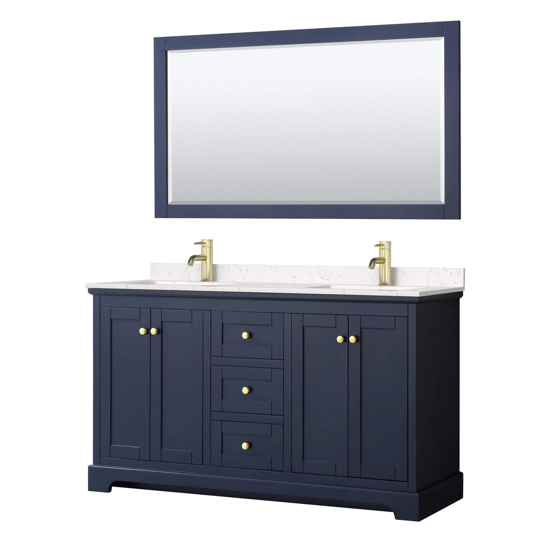 Wyndham Collection Vanity Wyndham Collection WCV232360DBLC2UNSM58 Avery 60 Inch Double Bathroom Vanity in Dark Blue, Light-Vein Carrara Cultured Marble Countertop, Undermount Square Sinks, 58 Inch Mirror