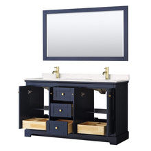 Load image into Gallery viewer, Wyndham Collection Vanity Wyndham Collection WCV232360DBLC2UNSM58 Avery 60 Inch Double Bathroom Vanity in Dark Blue, Light-Vein Carrara Cultured Marble Countertop, Undermount Square Sinks, 58 Inch Mirror