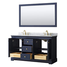 Load image into Gallery viewer, Wyndham Collection Vanity Wyndham Collection WCV232360DBLCMUNOM58 Avery 60 Inch Double Bathroom Vanity in Dark Blue, White Carrara Marble Countertop, Undermount Oval Sinks, and 58 Inch Mirror
