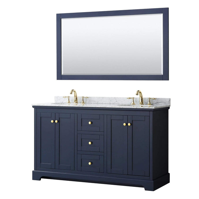 Wyndham Collection Vanity Wyndham Collection WCV232360DBLCMUNOM58 Avery 60 Inch Double Bathroom Vanity in Dark Blue, White Carrara Marble Countertop, Undermount Oval Sinks, and 58 Inch Mirror