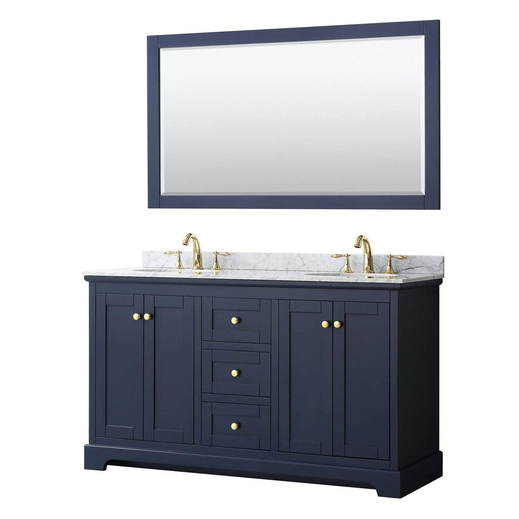 Wyndham Collection Vanity Wyndham Collection WCV232360DBLCMUNOM58 Avery 60 Inch Double Bathroom Vanity in Dark Blue, White Carrara Marble Countertop, Undermount Oval Sinks, and 58 Inch Mirror