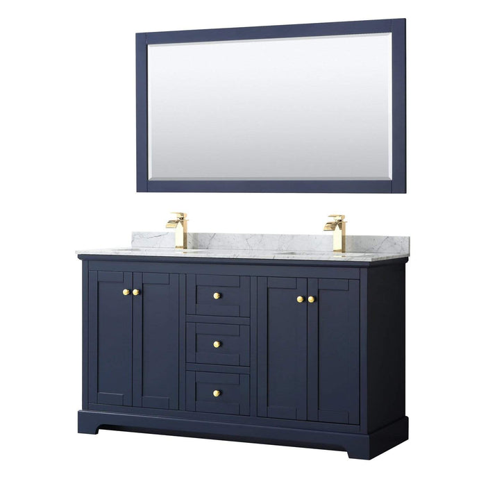 Wyndham Collection Vanity Wyndham Collection WCV232360DBLCMUNSM58 Avery 60 Inch Double Bathroom Vanity in Dark Blue, White Carrara Marble Countertop, Undermount Square Sinks, and 58 Inch Mirror