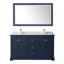Load image into Gallery viewer, Wyndham Collection Vanity Wyndham Collection WCV232360DBLCMUNSM58 Avery 60 Inch Double Bathroom Vanity in Dark Blue, White Carrara Marble Countertop, Undermount Square Sinks, and 58 Inch Mirror