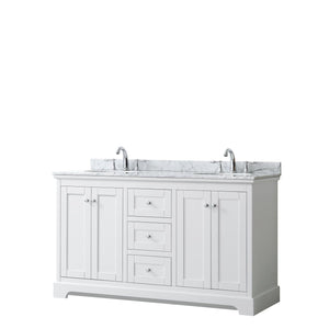 Wyndham Collection Vanity Wyndham Collection WCV232360DWHCMUNOMXX Avery 60 Inch Double Bathroom Vanity in White, White Carrara Marble Countertop, Undermount Oval Sinks, and No Mirror