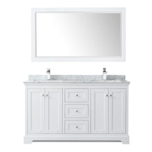 Load image into Gallery viewer, Wyndham Collection Vanity Wyndham Collection WCV232360DWHCMUNSM58 Avery 60 Inch Double Bathroom Vanity in White, White Carrara Marble Countertop, Undermount Square Sinks, and 58 Inch Mirror