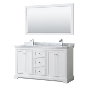 Wyndham Collection Vanity Wyndham Collection WCV232360DWHCMUNSM58 Avery 60 Inch Double Bathroom Vanity in White, White Carrara Marble Countertop, Undermount Square Sinks, and 58 Inch Mirror