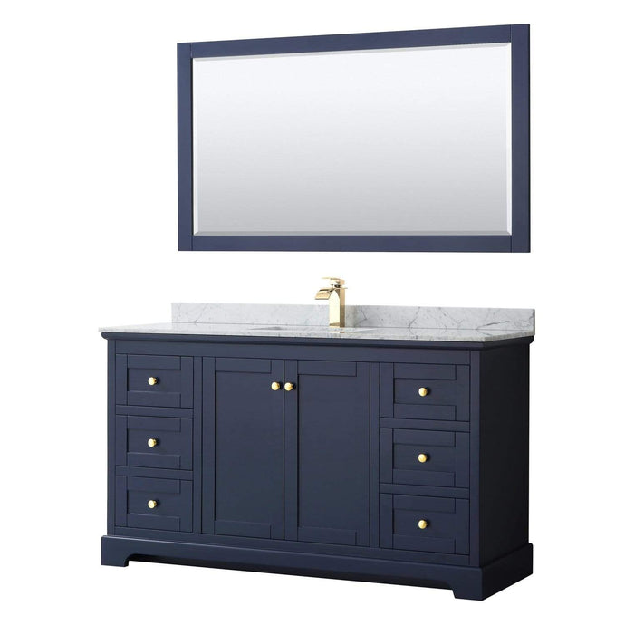 Wyndham Collection Vanity Wyndham Collection WCV232360SBLCMUNSM58 Avery 60 Inch Single Bathroom Vanity in Dark Blue, White Carrara Marble Countertop, Undermount Square Sink, and 58 Inch Mirror