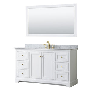 Wyndham Collection Vanity Wyndham Collection WCV232360SWGCMUNOM58 Avery 60 Inch Single Bathroom Vanity in White, White Carrara Marble Countertop, Undermount Oval Sink, 58 Inch Mirror, Brushed Gold Trim