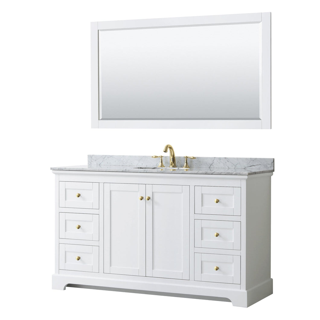 Wyndham Collection Vanity Wyndham Collection WCV232360SWGCMUNOM58 Avery 60 Inch Single Bathroom Vanity in White, White Carrara Marble Countertop, Undermount Oval Sink, 58 Inch Mirror, Brushed Gold Trim