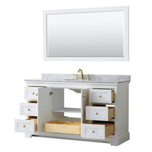 Load image into Gallery viewer, Wyndham Collection Vanity Wyndham Collection WCV232360SWGCMUNOM58 Avery 60 Inch Single Bathroom Vanity in White, White Carrara Marble Countertop, Undermount Oval Sink, 58 Inch Mirror, Brushed Gold Trim