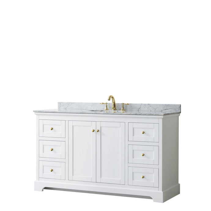 Wyndham Collection Vanity Wyndham Collection WCV232360SWGCMUNOMXX Avery 60 Inch Single Bathroom Vanity in White, White Carrara Marble Countertop, Undermount Oval Sink, Brushed Gold Trim