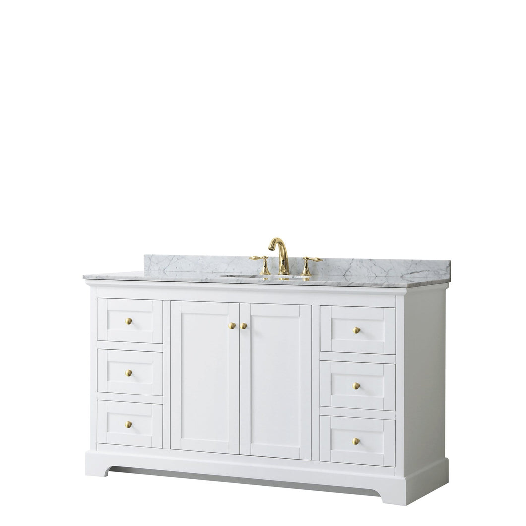 Wyndham Collection Vanity Wyndham Collection WCV232360SWGCMUNOMXX Avery 60 Inch Single Bathroom Vanity in White, White Carrara Marble Countertop, Undermount Oval Sink, Brushed Gold Trim
