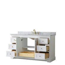 Load image into Gallery viewer, Wyndham Collection Vanity Wyndham Collection WCV232360SWGCMUNOMXX Avery 60 Inch Single Bathroom Vanity in White, White Carrara Marble Countertop, Undermount Oval Sink, Brushed Gold Trim