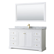 Load image into Gallery viewer, Wyndham Collection Vanity Wyndham Collection WCV232360SWGCMUNSM58 Avery 60 Inch Single Bathroom Vanity in White, White Carrara Marble Countertop, Undermount Square Sink, 58 Inch Mirror, Brushed Gold Trim