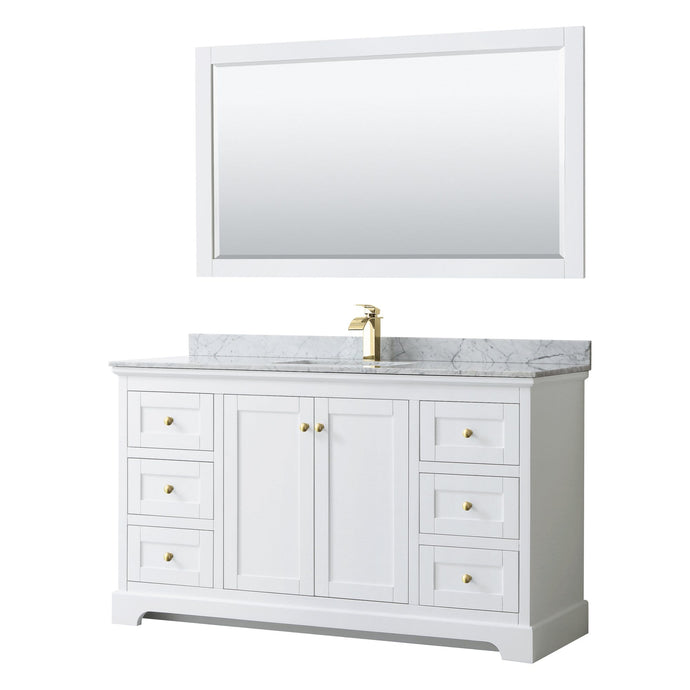 Wyndham Collection Vanity Wyndham Collection WCV232360SWGCMUNSM58 Avery 60 Inch Single Bathroom Vanity in White, White Carrara Marble Countertop, Undermount Square Sink, 58 Inch Mirror, Brushed Gold Trim