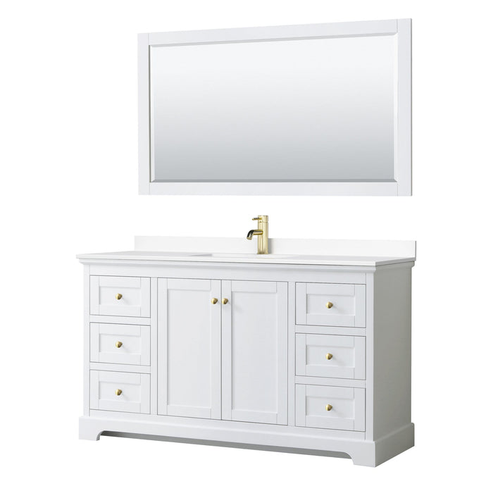 Wyndham Collection Vanity Wyndham Collection WCV232360SWGWCUNSM58 Avery 60 Inch Single Bathroom Vanity in White, White Cultured Marble Countertop, Undermount Square Sink, 58 Inch Mirror, Brushed Gold Trim