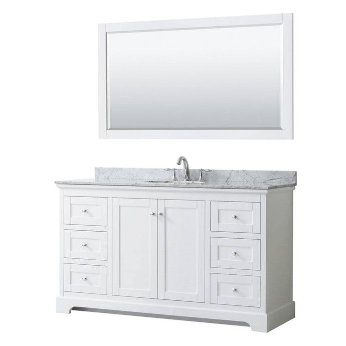 Wyndham Collection Vanity Wyndham Collection WCV232360SWHCMUNOM58 Avery 60 Inch Single Bathroom Vanity in White, White Carrara Marble Countertop, Undermount Oval Sink, and 58 Inch Mirror