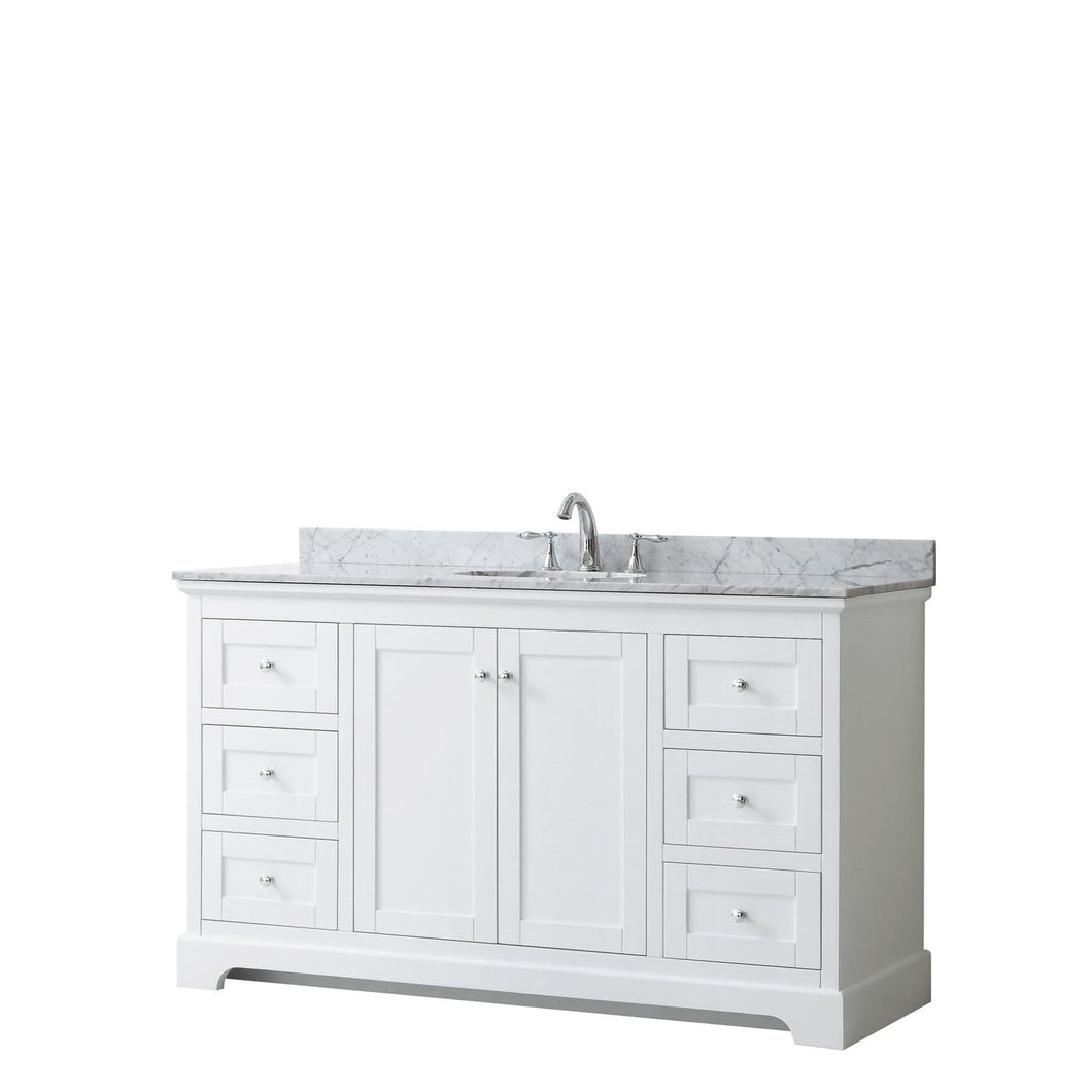 Wyndham Collection Vanity Wyndham Collection WCV232360SWHCMUNOMXX Avery 60 Inch Single Bathroom Vanity in White, White Carrara Marble Countertop, Undermount Oval Sink, and No Mirror