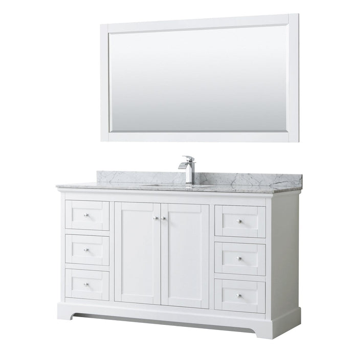 Wyndham Collection Vanity Wyndham Collection WCV232360SWHCMUNSM58 Avery 60 Inch Single Bathroom Vanity in White, White Carrara Marble Countertop, Undermount Square Sink, and 58 Inch Mirror