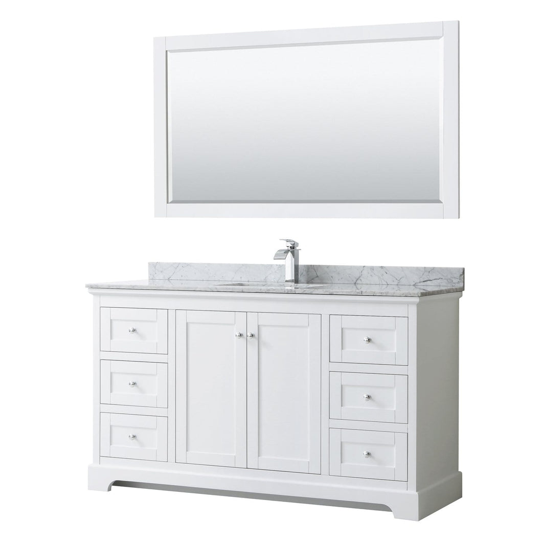 Wyndham Collection Vanity Wyndham Collection WCV232360SWHCMUNSM58 Avery 60 Inch Single Bathroom Vanity in White, White Carrara Marble Countertop, Undermount Square Sink, and 58 Inch Mirror