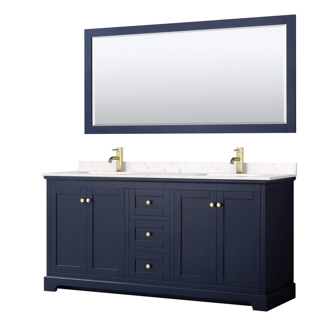 Wyndham Collection Vanity Wyndham Collection WCV232372DBLC2UNSM70 Avery 72 Inch Double Bathroom Vanity in Dark Blue, Light-Vein Carrara Cultured Marble Countertop, Undermount Square Sinks, 70 Inch Mirror