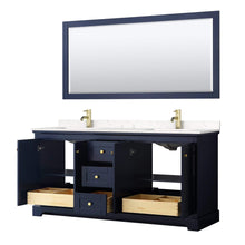 Load image into Gallery viewer, Wyndham Collection Vanity Wyndham Collection WCV232372DBLC2UNSM70 Avery 72 Inch Double Bathroom Vanity in Dark Blue, Light-Vein Carrara Cultured Marble Countertop, Undermount Square Sinks, 70 Inch Mirror