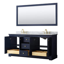 Load image into Gallery viewer, Wyndham Collection Vanity Wyndham Collection WCV232372DBLCMUNOM70 Avery 72 Inch Double Bathroom Vanity in Dark Blue, White Carrara Marble Countertop, Undermount Oval Sinks, and 70 Inch Mirror