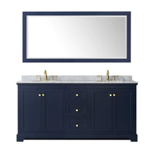 Load image into Gallery viewer, Wyndham Collection Vanity Wyndham Collection WCV232372DBLCMUNOM70 Avery 72 Inch Double Bathroom Vanity in Dark Blue, White Carrara Marble Countertop, Undermount Oval Sinks, and 70 Inch Mirror