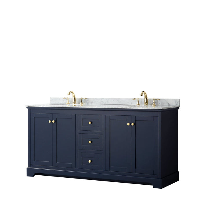 Wyndham Collection Vanity Wyndham Collection WCV232372DBLCMUNOMXX Avery 72 Inch Double Bathroom Vanity in Dark Blue, White Carrara Marble Countertop, Undermount Oval Sinks, and No Mirror