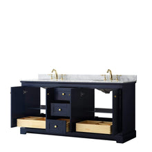 Load image into Gallery viewer, Wyndham Collection Vanity Wyndham Collection WCV232372DBLCMUNOMXX Avery 72 Inch Double Bathroom Vanity in Dark Blue, White Carrara Marble Countertop, Undermount Oval Sinks, and No Mirror