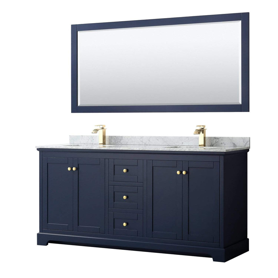 Wyndham Collection Vanity Wyndham Collection WCV232372DBLCMUNSM70 Avery 72 Inch Double Bathroom Vanity in Dark Blue, White Carrara Marble Countertop, Undermount Square Sinks, and 70 Inch Mirror