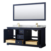Load image into Gallery viewer, Wyndham Collection Vanity Wyndham Collection WCV232372DBLCMUNSM70 Avery 72 Inch Double Bathroom Vanity in Dark Blue, White Carrara Marble Countertop, Undermount Square Sinks, and 70 Inch Mirror