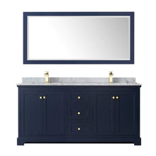 Load image into Gallery viewer, Wyndham Collection Vanity Wyndham Collection WCV232372DBLCMUNSM70 Avery 72 Inch Double Bathroom Vanity in Dark Blue, White Carrara Marble Countertop, Undermount Square Sinks, and 70 Inch Mirror