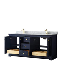 Load image into Gallery viewer, Wyndham Collection Vanity Wyndham Collection WCV232372DBLCMUNSMXX Avery 72 Inch Double Bathroom Vanity in Dark Blue, White Carrara Marble Countertop, Undermount Square Sinks, and No Mirror